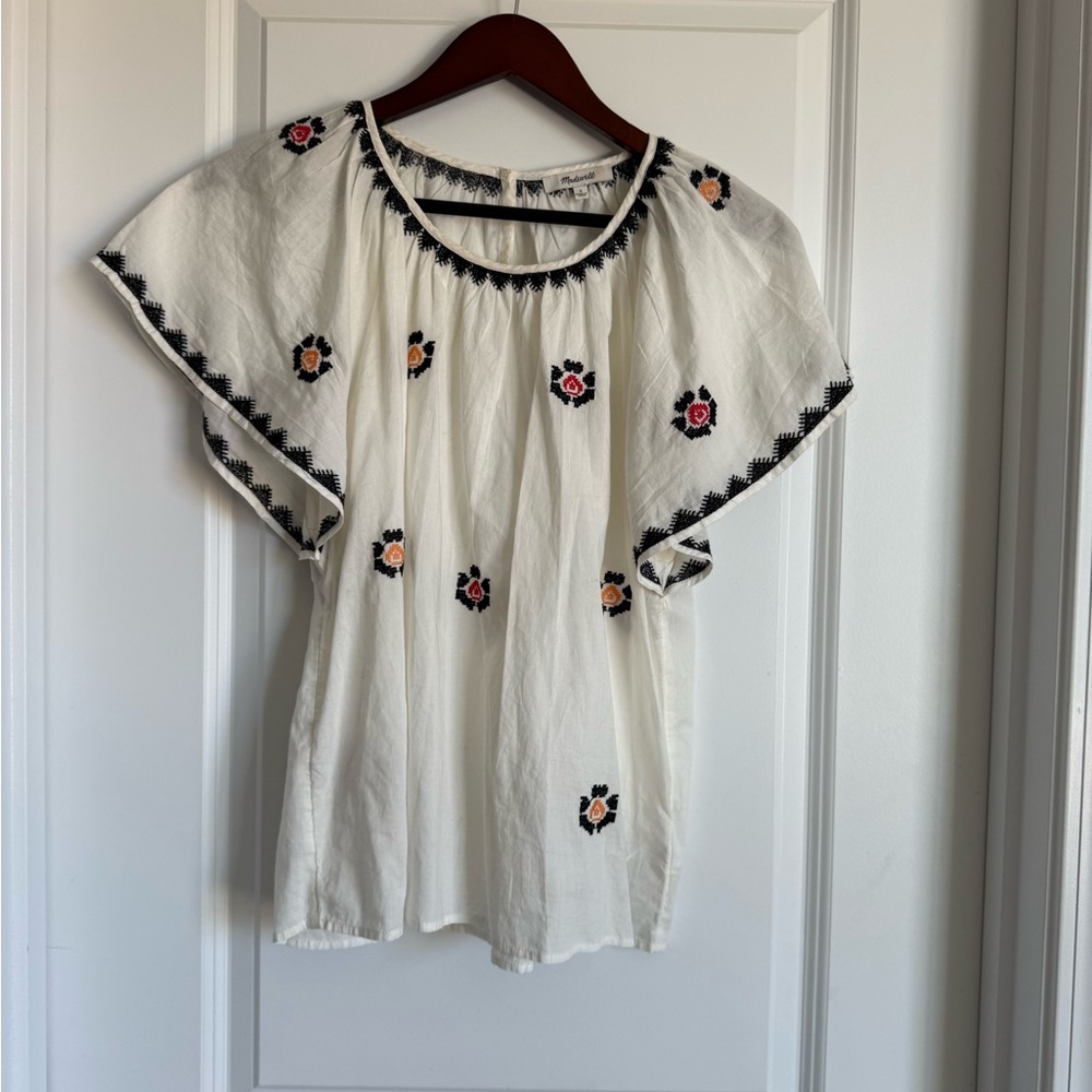 Madewell Embroidered White Blouse with Floral Accents